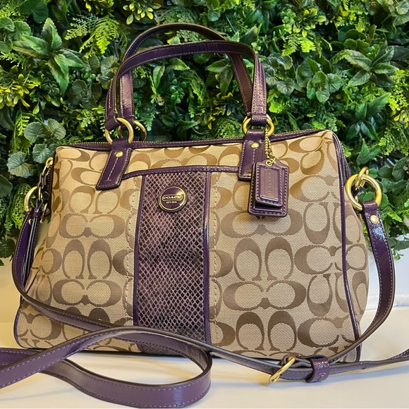 Coach Bags Coach Signature Stripe Satchel With Patent Leather Trim